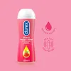 A product shot of a Durex massage and glide gel bottle against a pink background, with marketing icons. Podgląd zdjęcia produktu