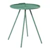 A green outdoor side table with a round top and three legs. Náhled obrázku produktu