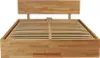 A wooden bed frame with a slatted base and a headboard, shown from the front. Produktbild-Vorschau