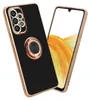 A black phone case with a gold ring stand is shown next to a smartphone. Produktbild-Vorschau