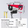 A red electric hoist with dimensions and specifications displayed. Produktbild-Vorschau