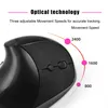 A black vertical mouse with text overlay describing its optical technology and adjustable movement speeds. Produktbild-Vorschau