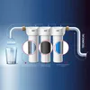 A diagram illustrating a three-stage water filtration system with close-ups of the filter cartridges. Produktbild-Vorschau
