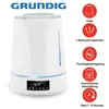 A white humidifier with a digital display and blue LED accents, shown with feature icons and text on the right side. Produktbild-Vorschau