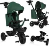 A collage of images showing a green and black children's tricycle from different angles. Produktbild-Vorschau