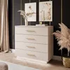 A bedroom scene with a dresser, curtains, and artwork. Produktbild-Vorschau