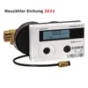 A water meter with a digital display and a brass fitting, set against a white background. Text overlays indicate it is a new meter calibration for 2022. Náhled obrázku produktu