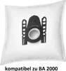 A white vacuum cleaner bag with a black plastic fitting. Produktbild-Vorschau