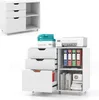A white rolling storage cabinet with drawers and shelves, shown with a printer and office supplies on top and inside. Podgląd zdjęcia produktu