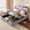 A bedroom scene with a bed that has storage underneath and a headboard with LED lighting. Produktbild-Vorschau