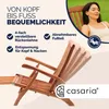 A woman relaxing on a wooden deck chair outdoors, with text highlighting the chair's features. Produktbild-Vorschau