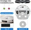 A collage of images showing accessories for a robot vacuum cleaner, including side brushes, a main brush, filters, and mopping cloths, with diagrams indicating installation points. Produktbild-Vorschau