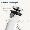 An exploded view of a glass carafe with its lid and filter components, highlighting ease of cleaning and dishwasher safety. Produktbild-Vorschau
