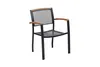 A single outdoor chair with a black metal frame and wooden armrests, shown against a white background. Produktbild-Vorschau