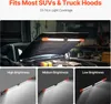 A workshop light is shown attached to the hood of a car, with three different brightness settings displayed below. Podgląd zdjęcia produktu