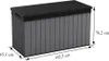 A 3D rendering of a gray and black storage box with dimensions indicated. Voir les images du produit