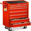 A red tool chest with seven drawers on wheels, with tools visible in the bottom two drawers. A tag with the German flag and text is attached to the handle. Produktbild-Vorschau