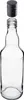 A clear glass bottle with its black screw-on cap hovering above the opening, isolated on a white background. Produktbild-Vorschau