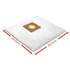 A white vacuum cleaner bag with a brown cardboard attachment is shown against a white background. Red arrows indicate the dimensions of the bag. Produktbild-Vorschau