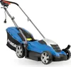 A blue electric lawnmower with a grass catcher bag is shown against a white background. Produktbild-Vorschau