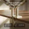 A monitor mount clamped to a desk, with text explaining installation options and desk thickness. Produktbild-Vorschau