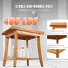 A wooden shower stool with bottles of toiletries on the shelf below, with marketing text and close-up feature callouts. Podgląd zdjęcia produktu