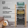 A multi-tiered storage rack made of wood and metal, holding several crates of beverages. The rack is shown against a neutral background with descriptive text on the left side. Produktbild-Vorschau