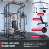 A man is using a home gym machine, with various accessories and text overlays highlighting features and benefits. Produktbild-Vorschau