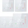 A collage of four digital thermostats with white casings and LCD screens displaying temperature and time. Produktbild-Vorschau