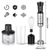 A hand mixer and its accessories are displayed on a white background, with icons indicating features. Podgląd zdjęcia produktu
