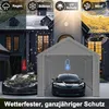 A marketing image showing a car shelter in different weather conditions, with text highlighting its features. Produktbild-Vorschau