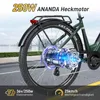 Close-up of an e-bike's rear wheel and motor, with text overlays highlighting features. Produktbild-Vorschau