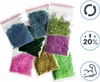 Several small plastic bags filled with colorful beads, likely for diamond painting, are arranged on a white background. Icons indicating recycling, a 20% increase, and a muscular arm are present on the right side. Podgląd zdjęcia produktu
