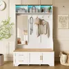 A white hall tree with a wooden top, featuring a mirror, hooks for hanging items, drawers, and cabinets, illuminated by LED lights. Produktbild-Vorschau