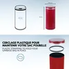 An infographic showing a red kitchen trash can with dimensions and a feature demonstration. Produktbild-Vorschau