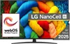 A television screen displaying a colorful abstract image, with marketing overlays. The TV is on a stand. Produktbild-Vorschau