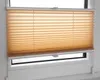 A close-up view of beige pleated blinds installed in a window.