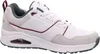 A side view of a white Skechers sneaker with gray and burgundy accents. Voir les images du produit