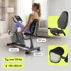 A woman is using a recumbent exercise bike in a room. There are close-up insets showing details of the seat and backrest. Produktbild-Vorschau