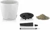 A white planter and its components are arranged on a white background. Produktbild-Vorschau
