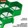 A close-up view of a green plastic grid system, likely for ground reinforcement, with text overlays describing its features. Produktbild-Vorschau
