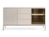 A modern sideboard with fluted doors, drawers, and a glass-fronted cabinet with LED lighting, presented on a white background. Produktbild-Vorschau
