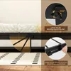 Collage showing details of a metal bed frame, including a close-up of a locking mechanism and a diagram illustrating a 360-degree rotation feature. Produktbild-Vorschau