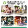 A collage of four images showing different scenarios where cleanliness is important: a mother and child washing dishes, a family camping, a waiter serving drinks, and two construction workers. Produktbild-Vorschau