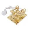 A close-up shot of a gold-colored Stirling engine model with a white LED light connected via a white cable. Produktbild-Vorschau