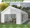 A white party tent is shown in different weather conditions, with icons at the bottom indicating features. Produktbild-Vorschau