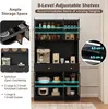 A black kitchen cabinet with adjustable shelves and storage compartments, featuring product details and dimensions. Podgląd zdjęcia produktu