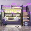 A modern bedroom setup featuring a loft bed with a sofa and shelves underneath, illuminated by purple and yellow LED lights. Produktbild-Vorschau