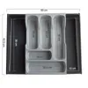 A top-down view of a gray and black plastic drawer organizer with dimensions labeled in centimeters. Produktbild-Vorschau