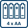 An icon showing four AA batteries and the text '4 x AA'. Voir les images du produit